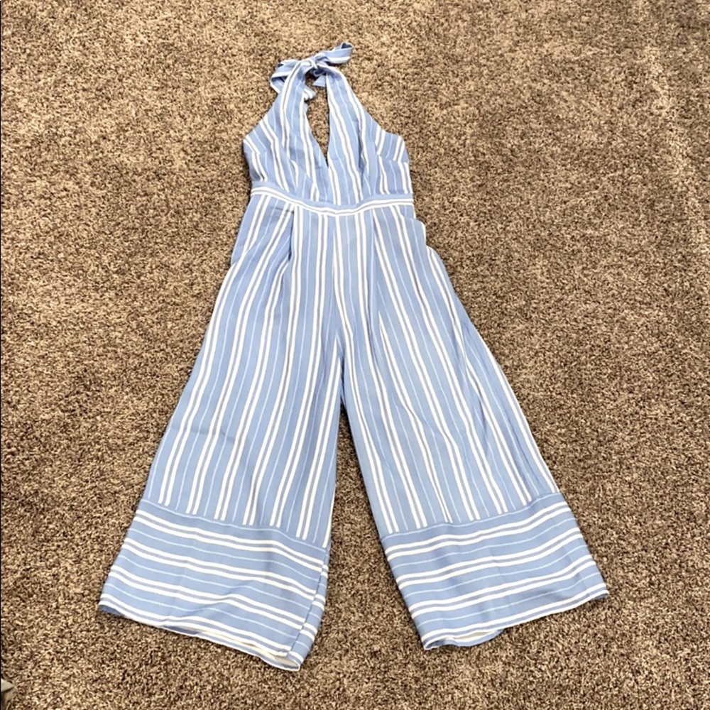 Blue and white striped halter jumpsuit.